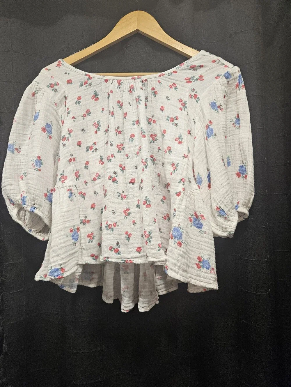 Free People Chloe Floral Puff Sleeve Tie Back Blouse Cotton Gauze White P/S